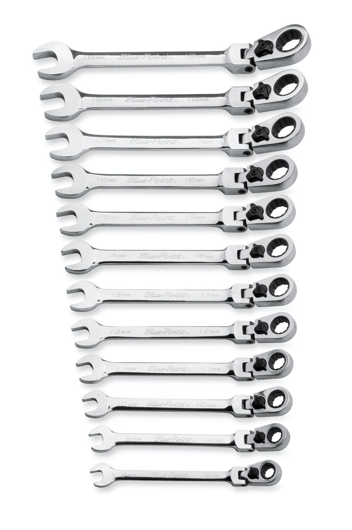 12 pc 12-Point Metric 15° Offset Flex-Head Ratcheting Box/Open-End Wrench Set (8–19 mm) (Blue-Point®) | BOERMF712A 12 pc 12-Point Metric 15° Offset Flex-Head Ratcheting Box/Open-End Wrench Set (8–19 mm) (Blue-Point®) | BOERMF712A